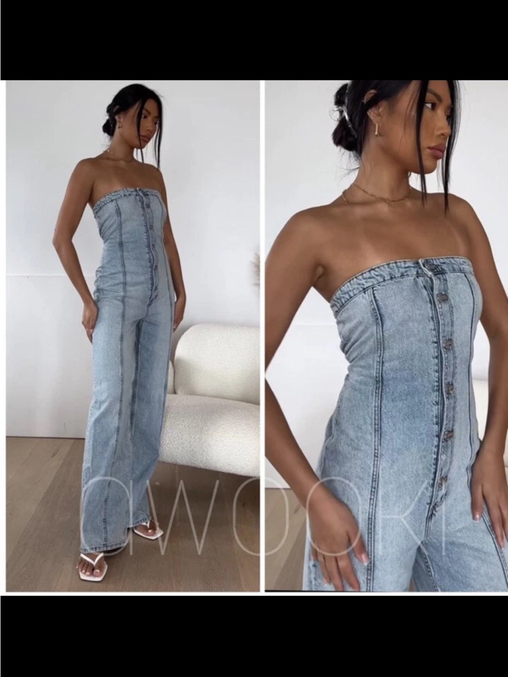 ZARA Light Blue Denim Wide Leg Sleeveless Jumpsuit - Picture 2 of 7